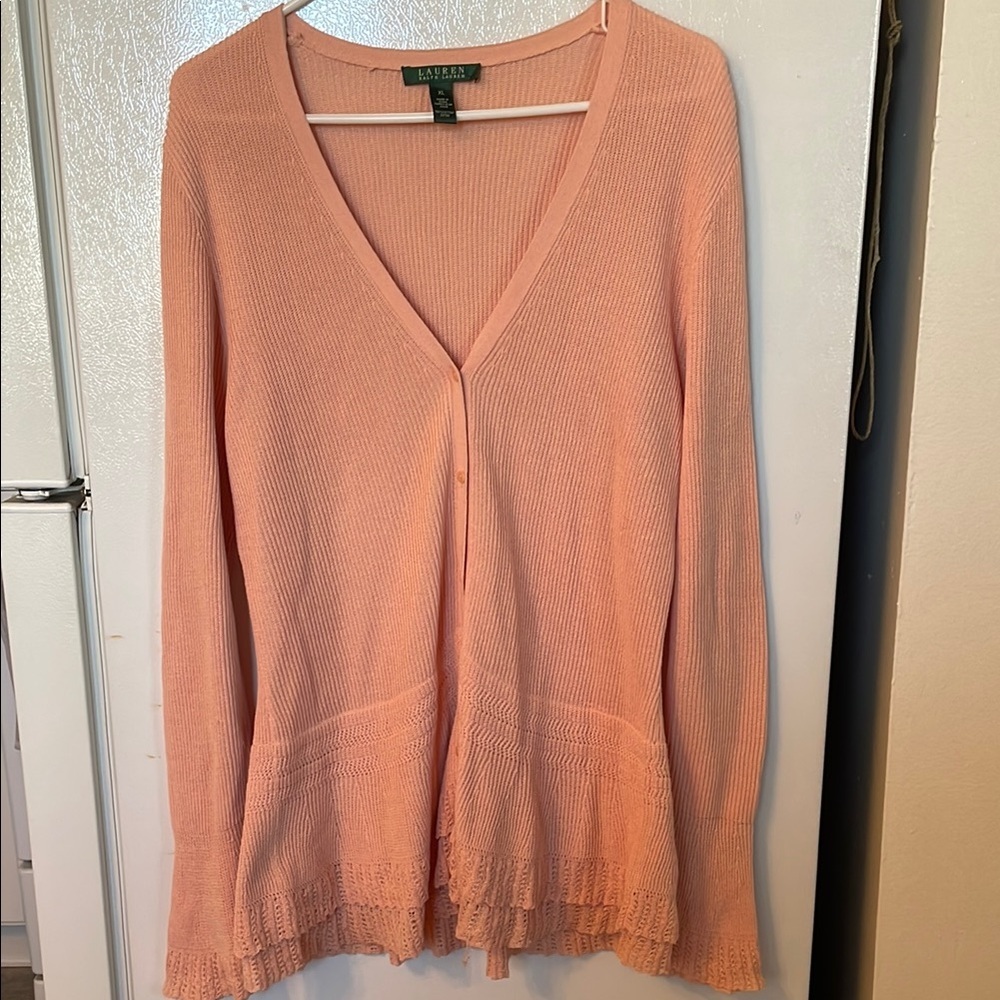 Lauren Ralph‎ Lauren Cardigan Womens Sweater V-Neck Peplum Bell Sleeve Peach XL